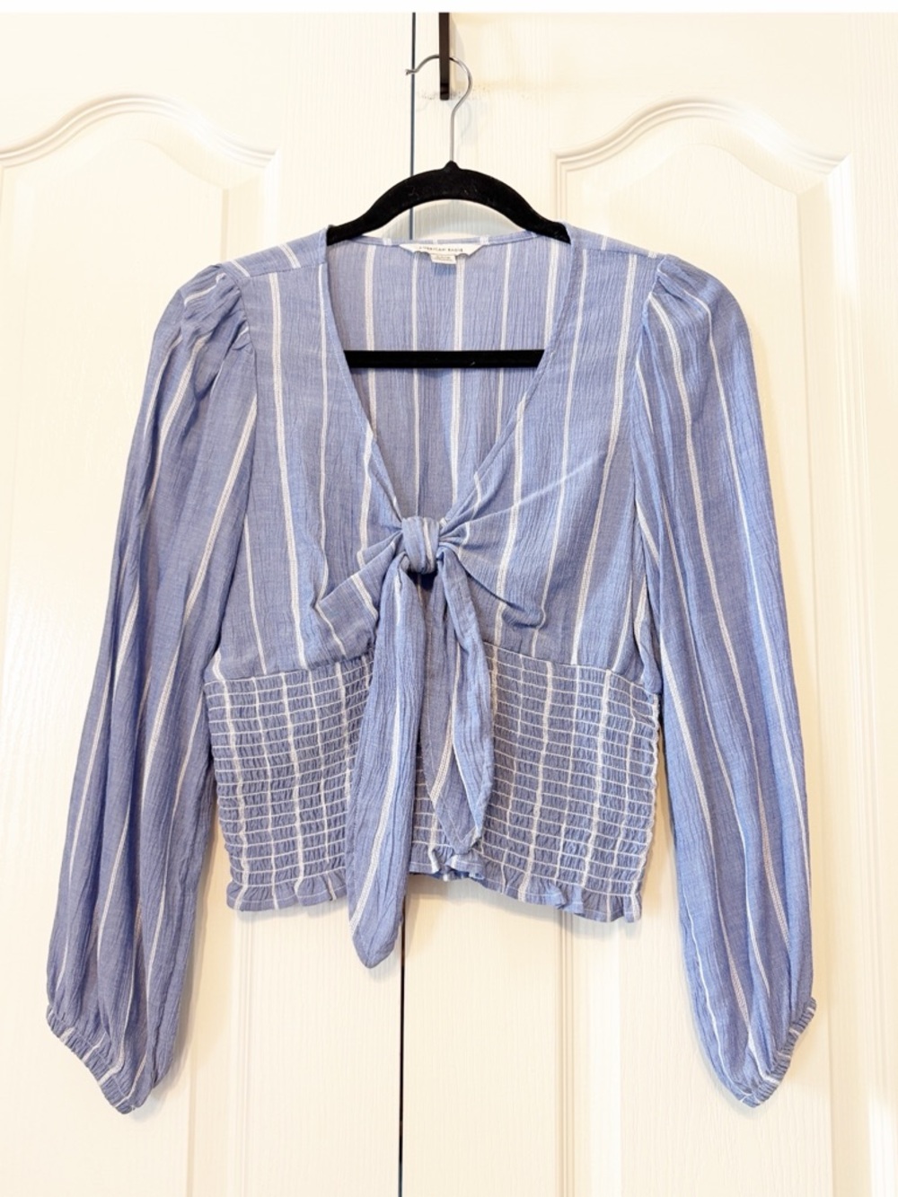 American Eagle Blue & White Stripe Smocked Knot Tue Front Women's Top Small